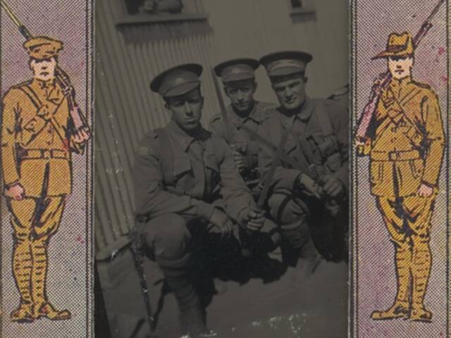 nformal portrait of 3003 Private Robert Beattie Allen, 3002 Private Stephen Charles Allen, 13th Battalion, and an unidentified serviceman