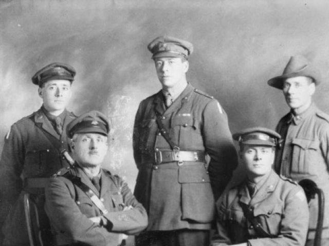 Portrait of five Leane brothers in uniform
