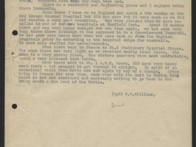 Typed narrative of Sister B E Williams