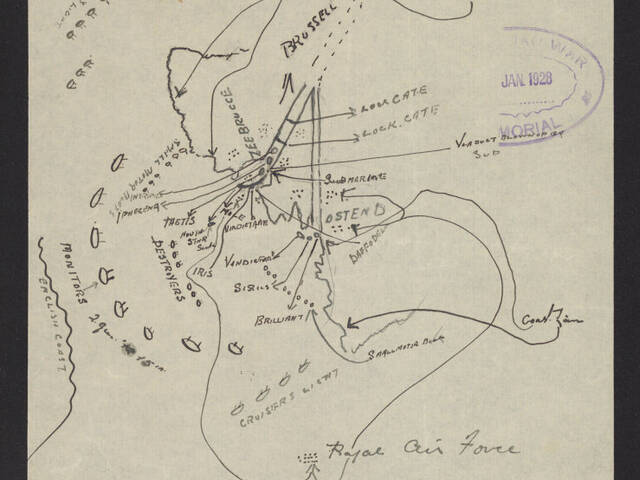 Hand-drawn map of the Zeebrugge raid