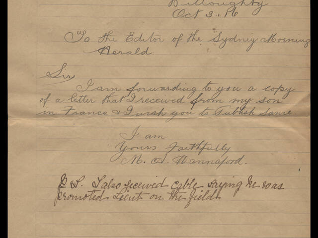 Handwritten letter by M Hannaford