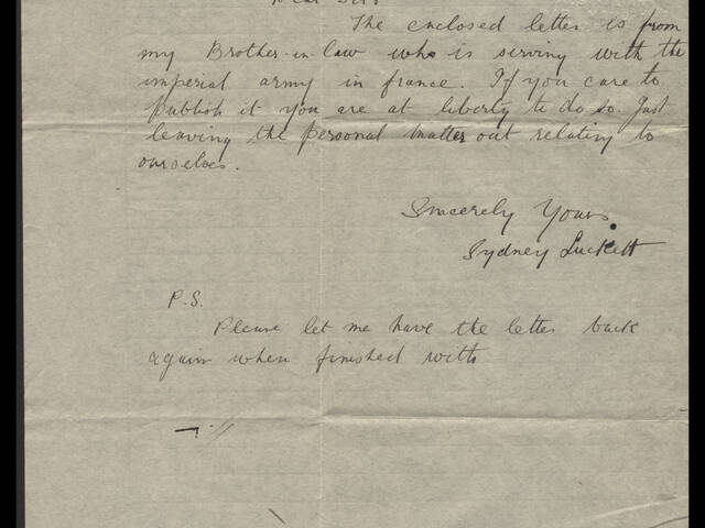 Handwritten letter by Sydney Luckett