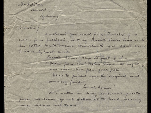 Handwritten letter to the Sydney Morning Herald
