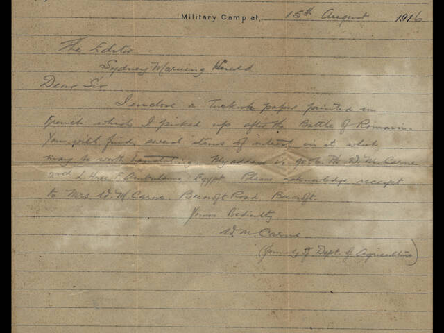 Handwritten letter by Walter Mervyn Carne