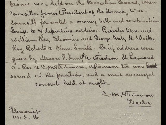 Handwritten note by C M Winnon