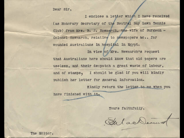 Typed letter by E MacDermod