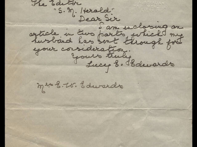 Handwritten letter by Lucy E Edwards
