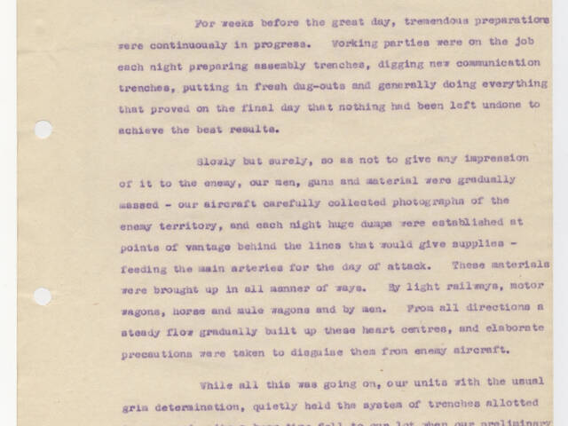 Typescript account of the Battle of Messines by Robert Cuthbert Grieve