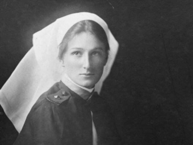 Studio portrait of Staff Nurse (SN) Christine Erica Strom, Australian Army Nursing Service, of Rydalmere, NSW, in uniform. SN Strom enlisted on 12 April 1917 as a staff nurse and embarked from Melbourne aboard RMS Mooltan on 12 June 1917. She went on to serve in British hospitals in Salonika. She returned to Australia in 1919. AWM PR03304