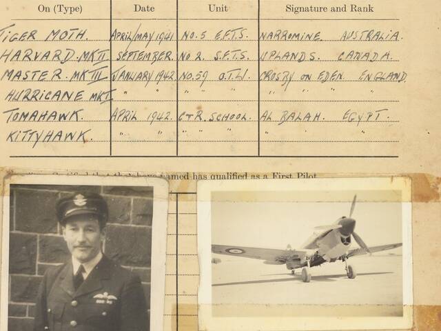 Diary of Garth Edward Sommerville Clabburn, displays certificates of Aircraft qualifications, a photo of Garth and a phot of a Kittyhawk