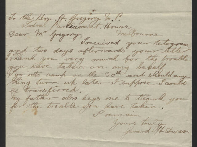 Handwritten letter by Gerard Henderson Cowan