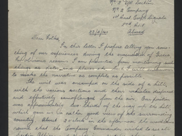 Handwritten letter by Frank John Mulcahy