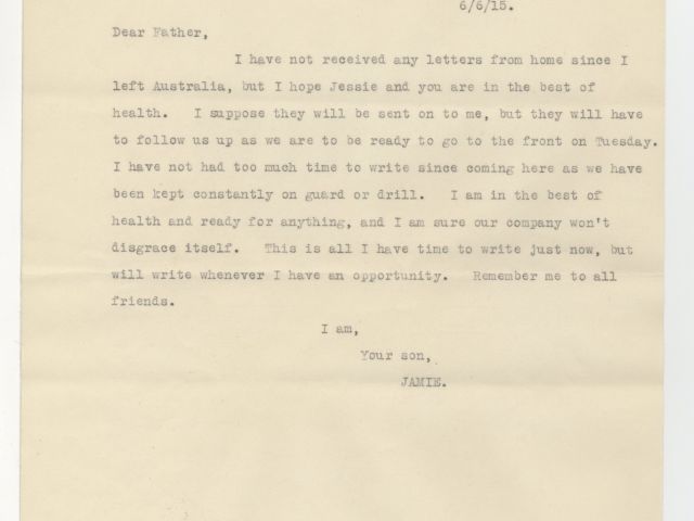 Typed copy of a letter from James Boe