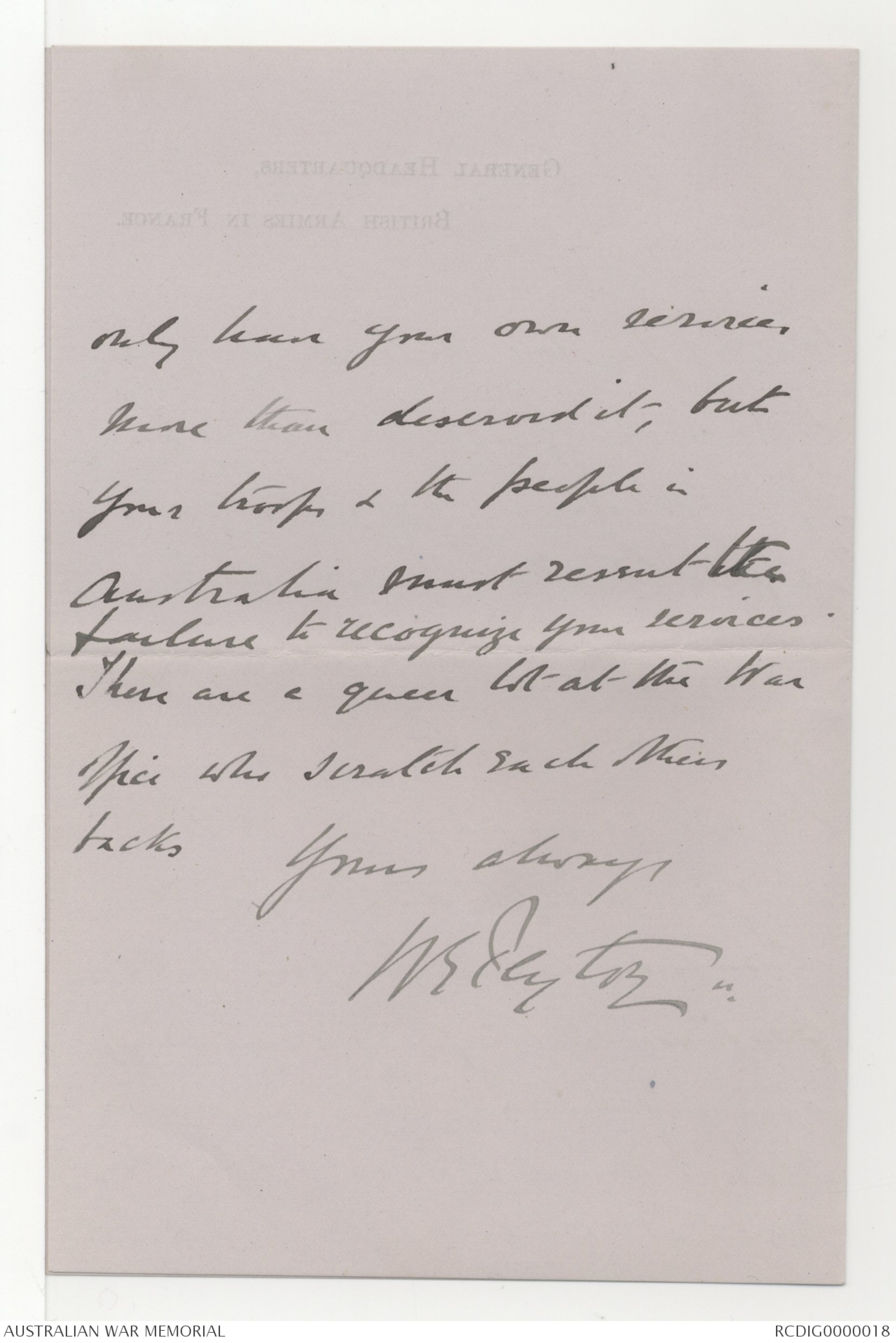 Letters received by Field Marshal Lord William Birdwood, 3 January 1917 ...