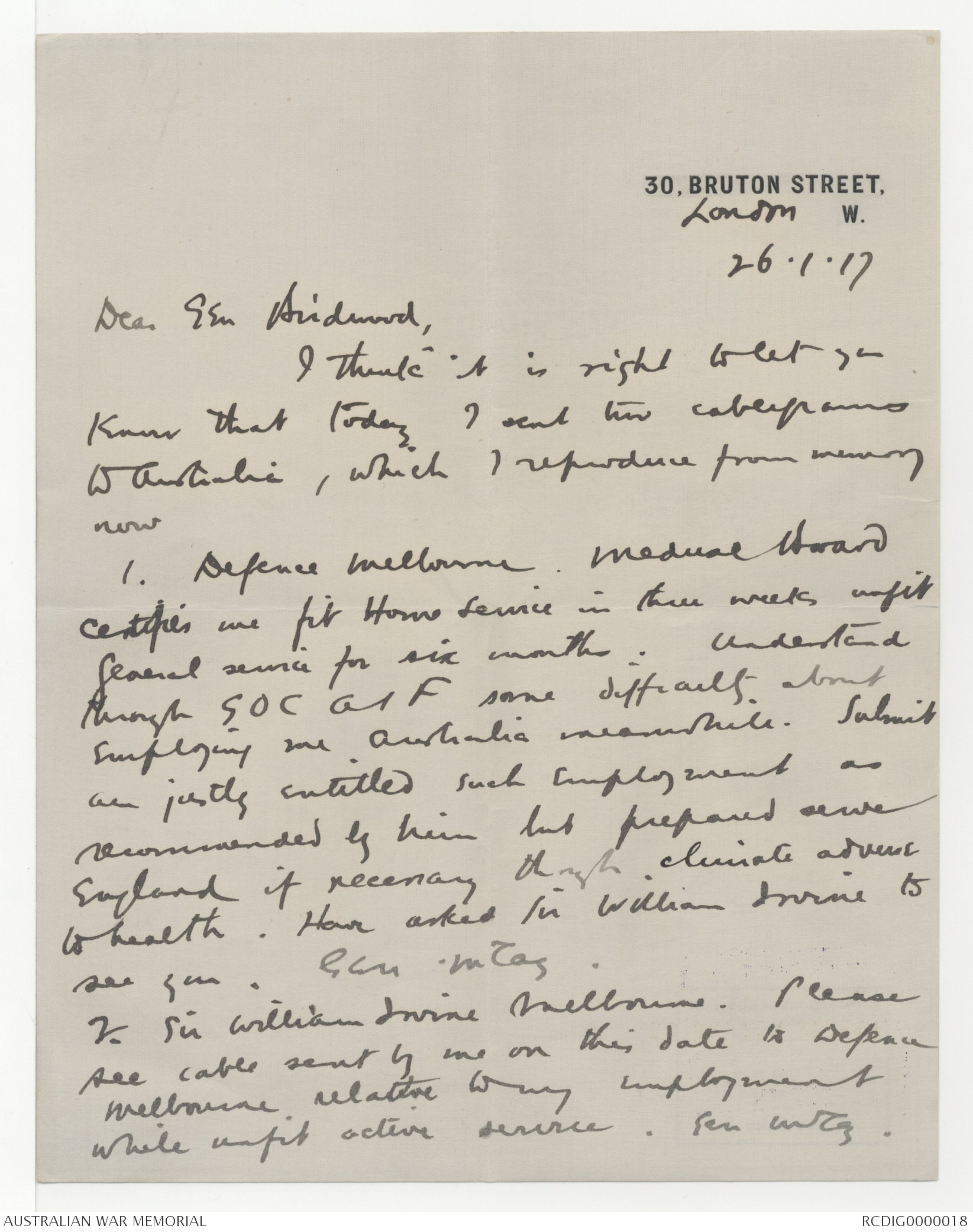 Letters received by Field Marshal Lord William Birdwood, 3 January 1917 ...