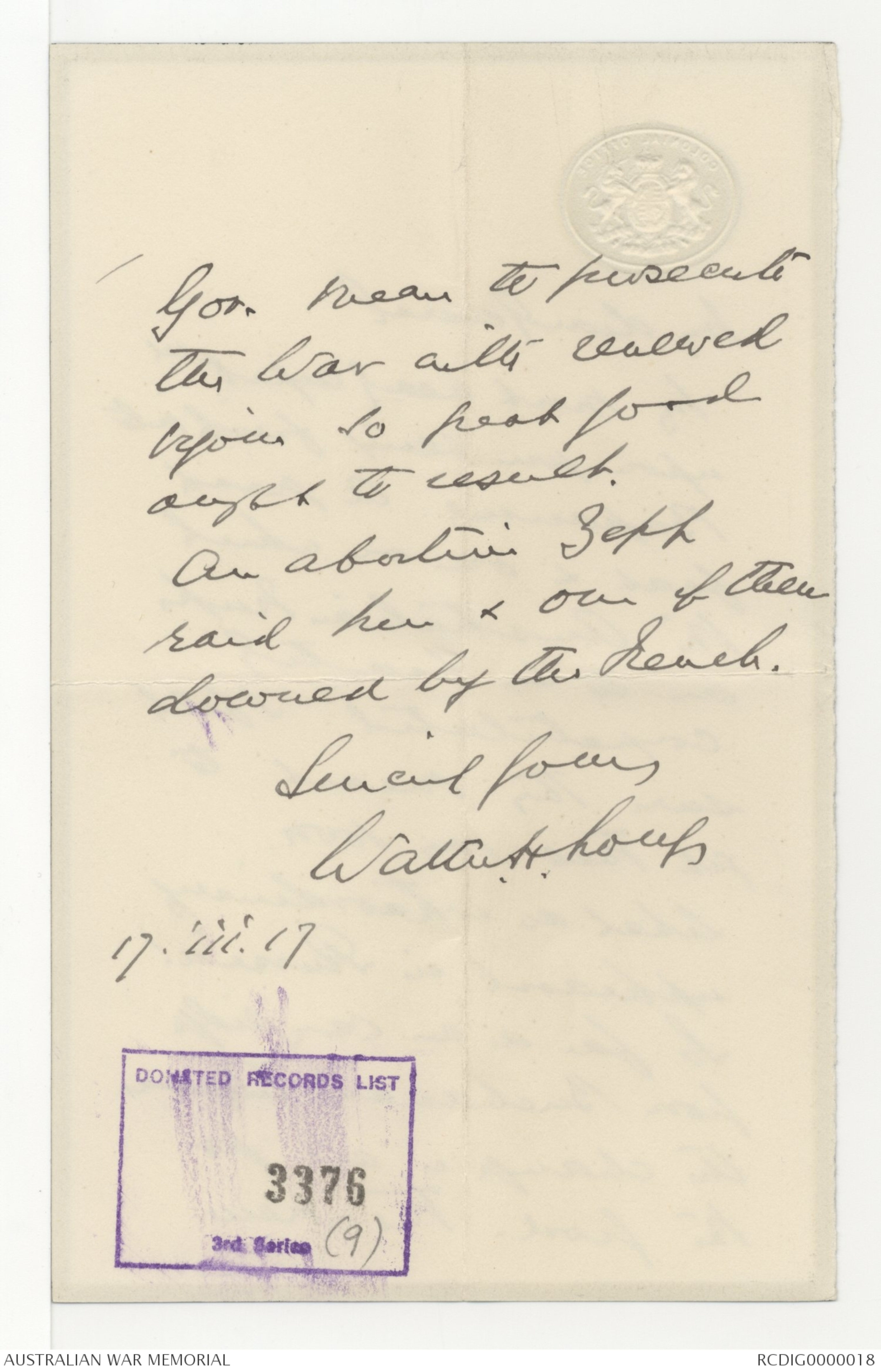 Letters received by Field Marshal Lord William Birdwood, 3 January 1917 ...