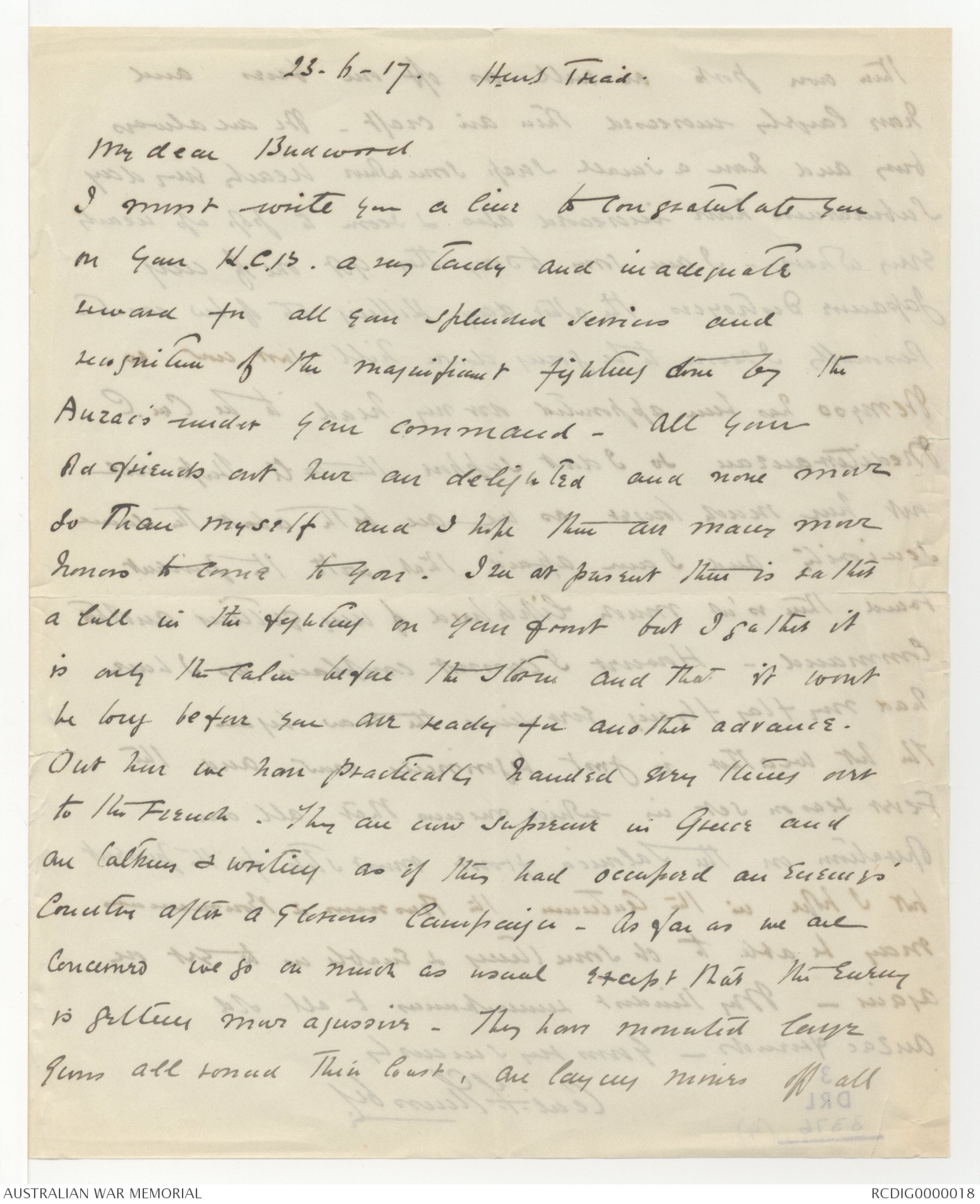 Letters received by Field Marshal Lord William Birdwood, 3 January 1917 ...