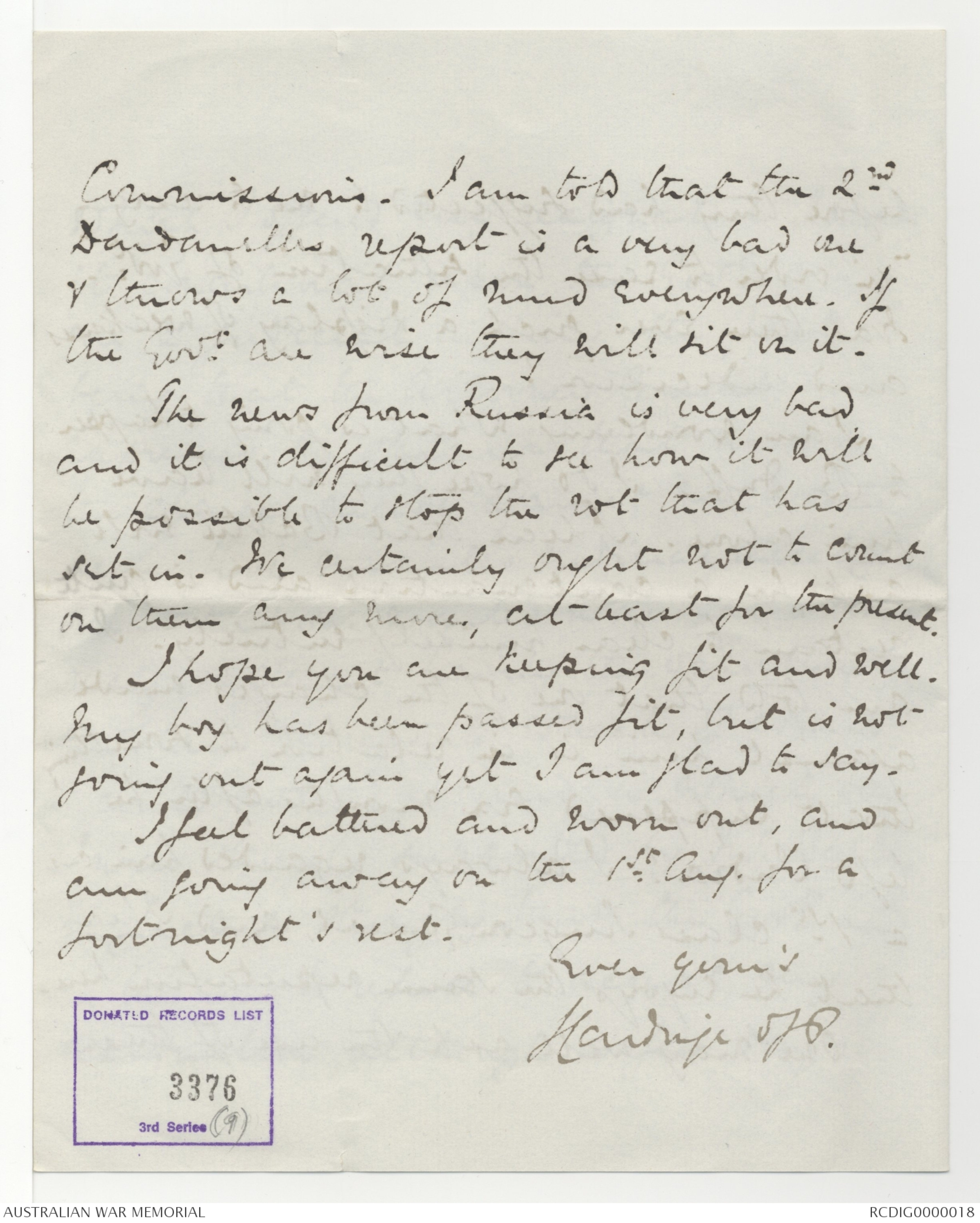 Letters received by Field Marshal Lord William Birdwood, 3 January 1917 ...