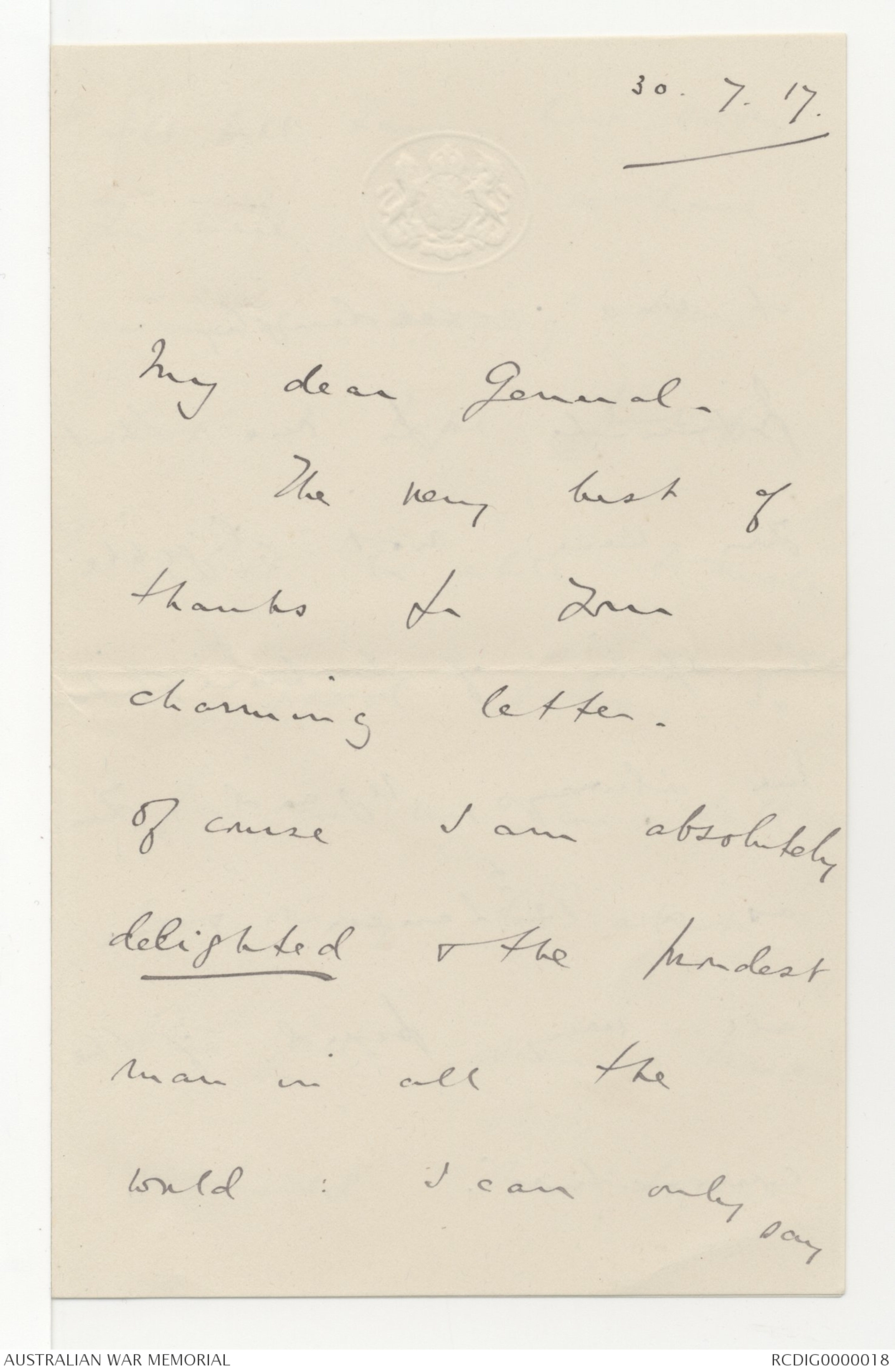 Letters received by Field Marshal Lord William Birdwood, 3 January 1917 ...